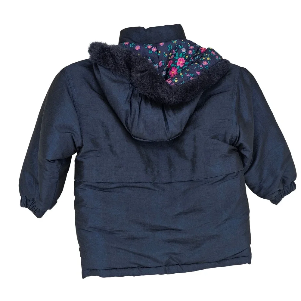 Vintage 90s OshKosh B'gosh Girls 4T Winter Coat Navy Floral Retro Hood Faux Fur